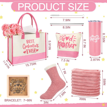 Geiserailie 6 Pcs Godmother Proposal Gift Set Will You Be My Godmother Gift Idea God Mother Gifts for Women Stainless Steel Tumbler Godmom Bag Makeup Bag Blanket Bracelet Socks(Pink)