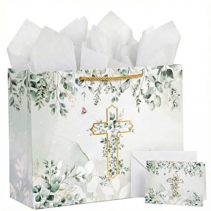 GFInYHM Baptism Gift Bag with Card and Tissue Paper, 13" Gold Foil Cross Eucalyptus Leaves Religious Gift Bags Set for First Communion, Christening, Baby Shower, Wedding, Easter, Confirmation