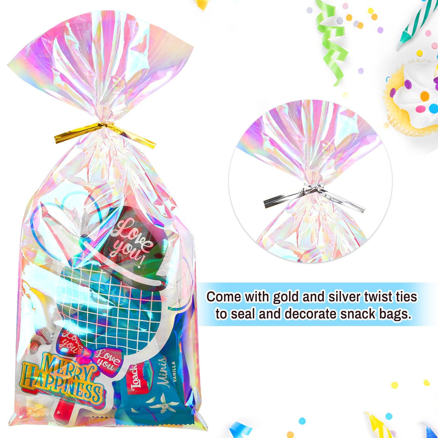 Ohuimrt 5x11 Inches Iridescent Cellophane Treat Bags with Ties, 100 PCS Small Plastic Holographic Goodie Bags for Candies, Snacks, Popcorn, Small Gifts and Party Favor