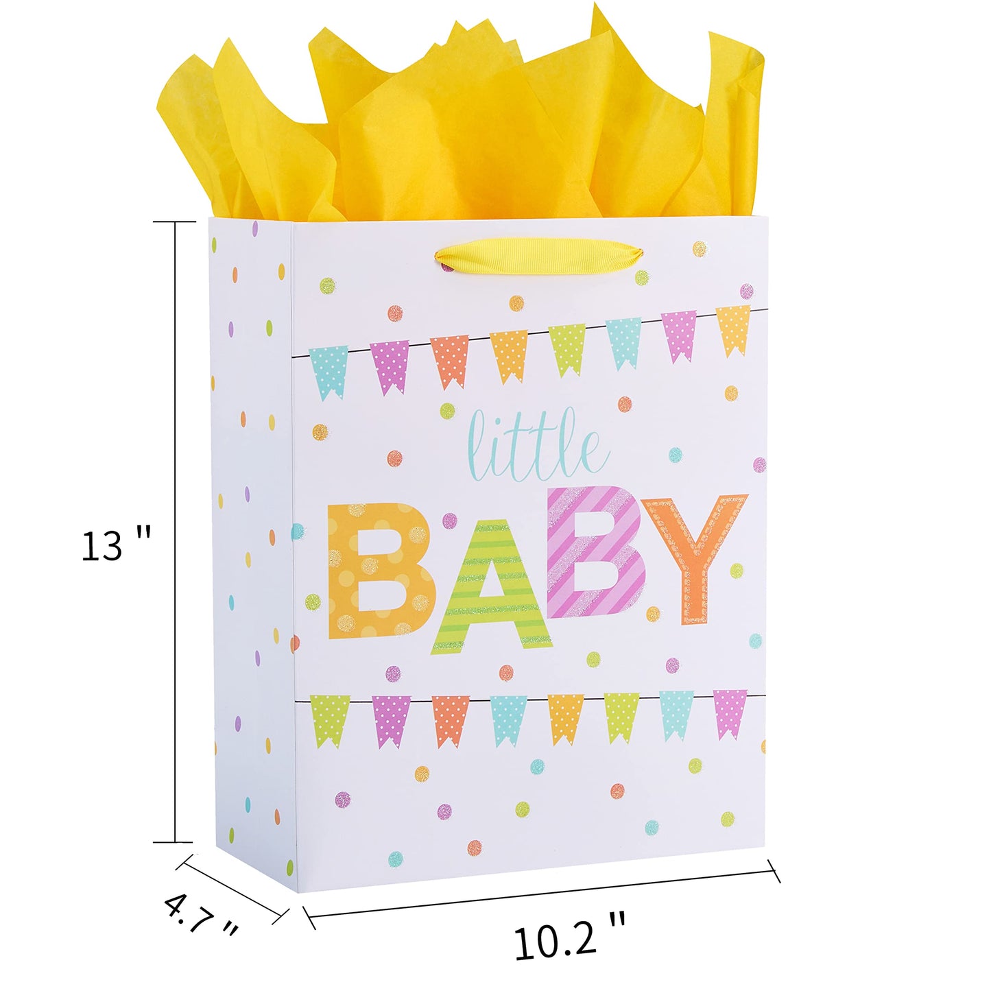 SUNCOLOR Large Gift Bag for Baby Shower with Tissue Paper, White Paper Bag with Colorful Banner Design, 13x10.2x4.7 Inches, Includes Card and Yellow Tissue Paper