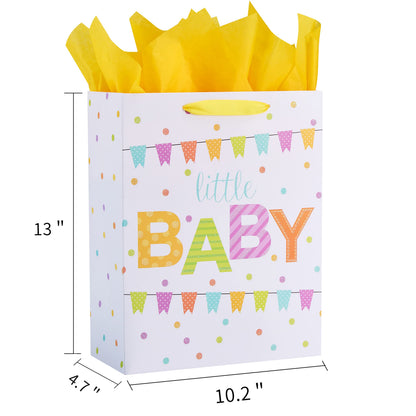 SUNCOLOR Large Gift Bag for Baby Shower with Tissue Paper, White Paper Bag with Colorful Banner Design, 13x10.2x4.7 Inches, Includes Card and Yellow Tissue Paper