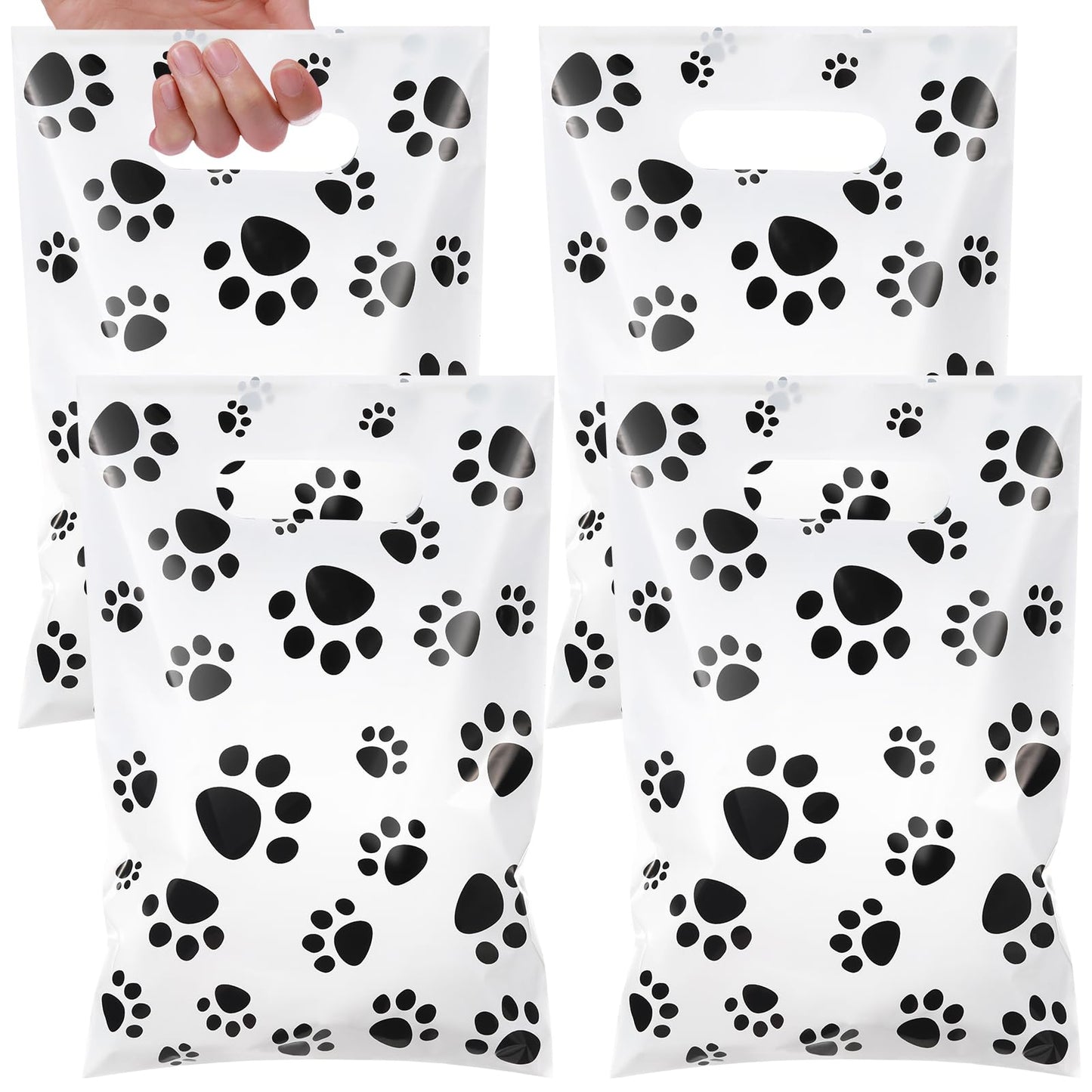 Pasimy 100 Pcs Dog Paw Gift Bags Bulk Pet Paw Puppy Plastic Treat Favor Candy Goodie Bags with Handle for Dog Birthday Party Decoration Supplies(White,Black)