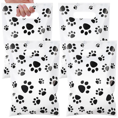 Pasimy 100 Pcs Dog Paw Gift Bags Bulk Pet Paw Puppy Plastic Treat Favor Candy Goodie Bags with Handle for Dog Birthday Party Decoration Supplies(White,Black)