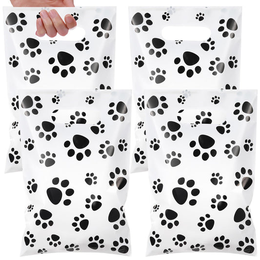 Pasimy 100 Pcs Dog Paw Gift Bags Bulk Pet Paw Puppy Plastic Treat Favor Candy Goodie Bags with Handle for Dog Birthday Party Decoration Supplies(White,Black)