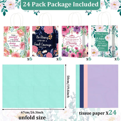 24 Pcs Religious Gift Bags Bible Gift Paper Bags with 24 Tissues Bible Verse Paper Bags with Handles Inspirational Flower Christian Gift Bags Bulk for Women Birthday Wedding Baptism Spring Party Favor