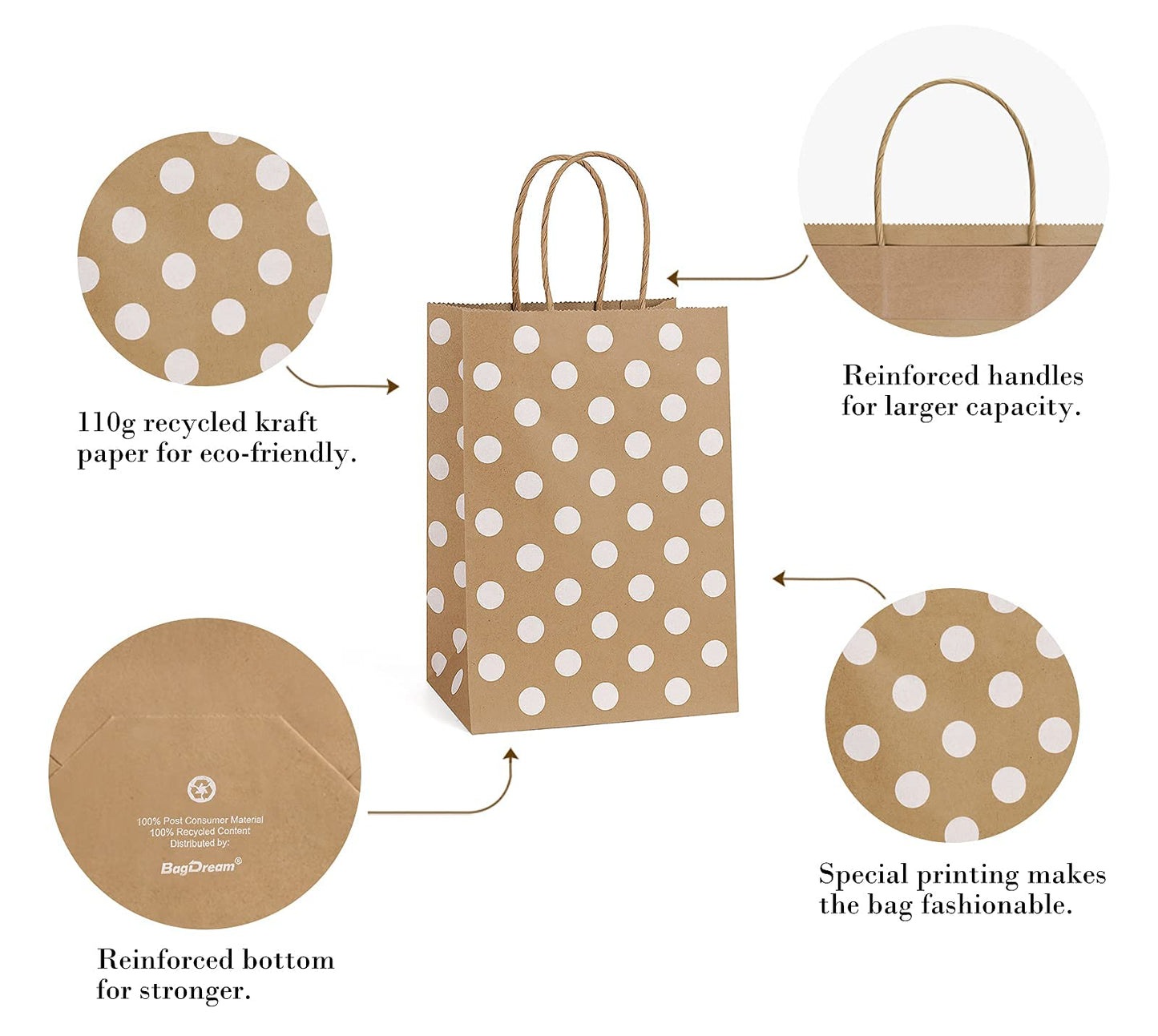 BagDream Small Paper Gift Bags 25Pcs 5.25x3x8 Inches With Handles, Shopping Party Bags Recyclable Kraft Brown Dot