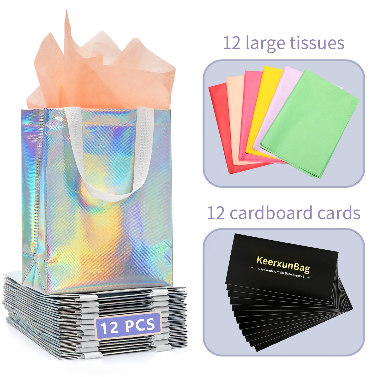 KeerxunBag 12pcs Reusable Gift Bags（Includes Tissue Paper） Gift bag with handle Birthdays Parties Holidays Weddings Medium 10x4x8in colorful