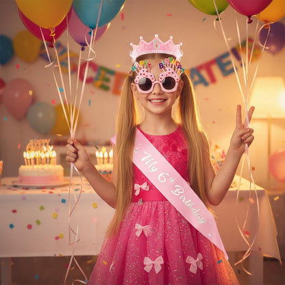 6th Birthday Girl Gift Set - 6th Birthday Sash, Glitter Crown & Cupcake Glasses, 6 Year Old Girl Birthdays Gifts, Princess Birth day Party Decorations for Girls