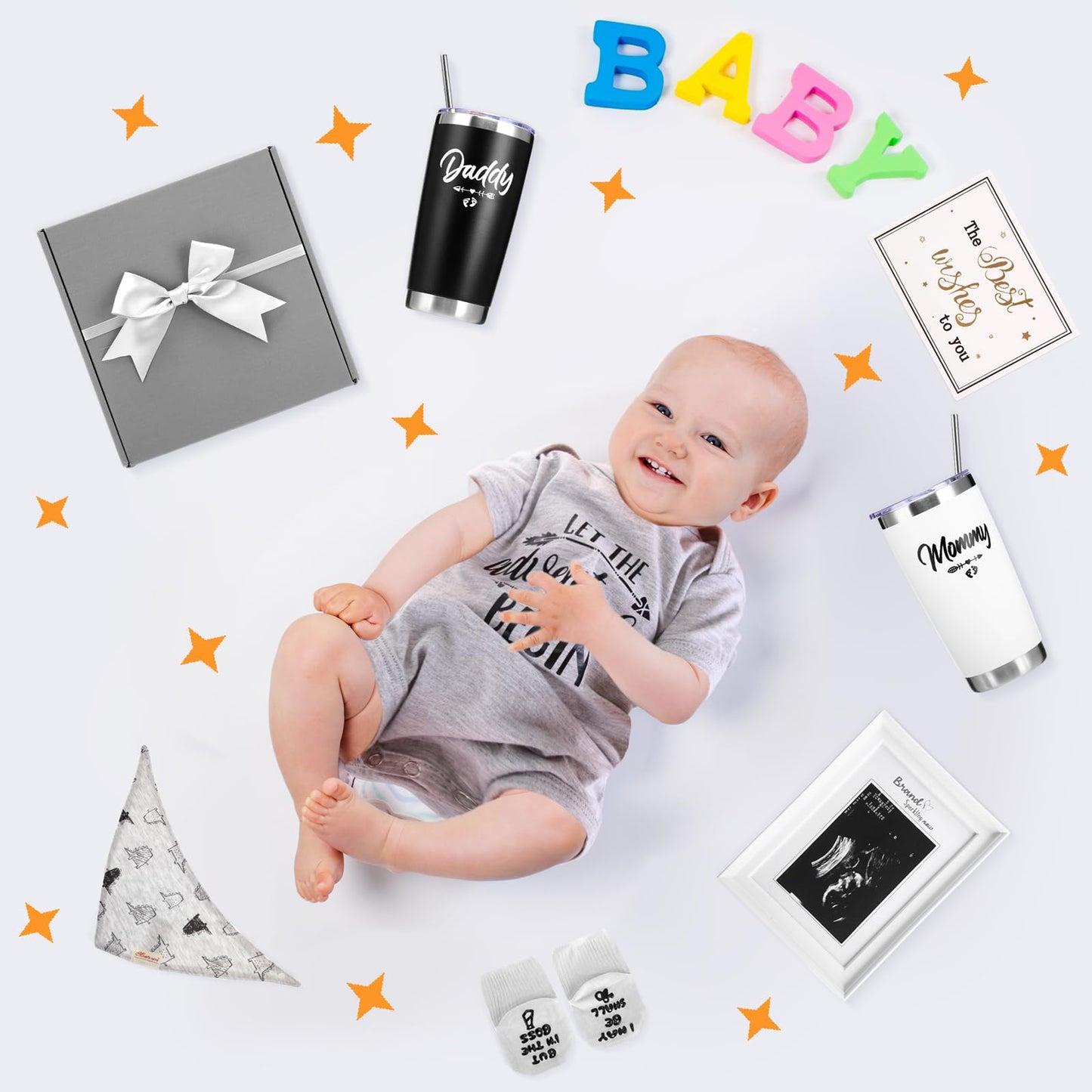 Chuarry 10 Pcs Pregnancy Gifts for New Parents New Mom Women Gender Reveal Gifts Baby Shower 20oz Mom and Dad Tumblers Frame Unisex Jumpsuit for First Time Parents Gift Supplies (Classic, Gray)