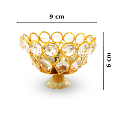 NOBILITY Gold Crystal Diya with Blue Velvet Gift Box Home Decoration Chrystal Piyali Dia Pooja Items Puja Gifts Handmade Oil Lamp Traditional Indian Dhanteras Deepawali Diwali Gift Items 6 Pcs
