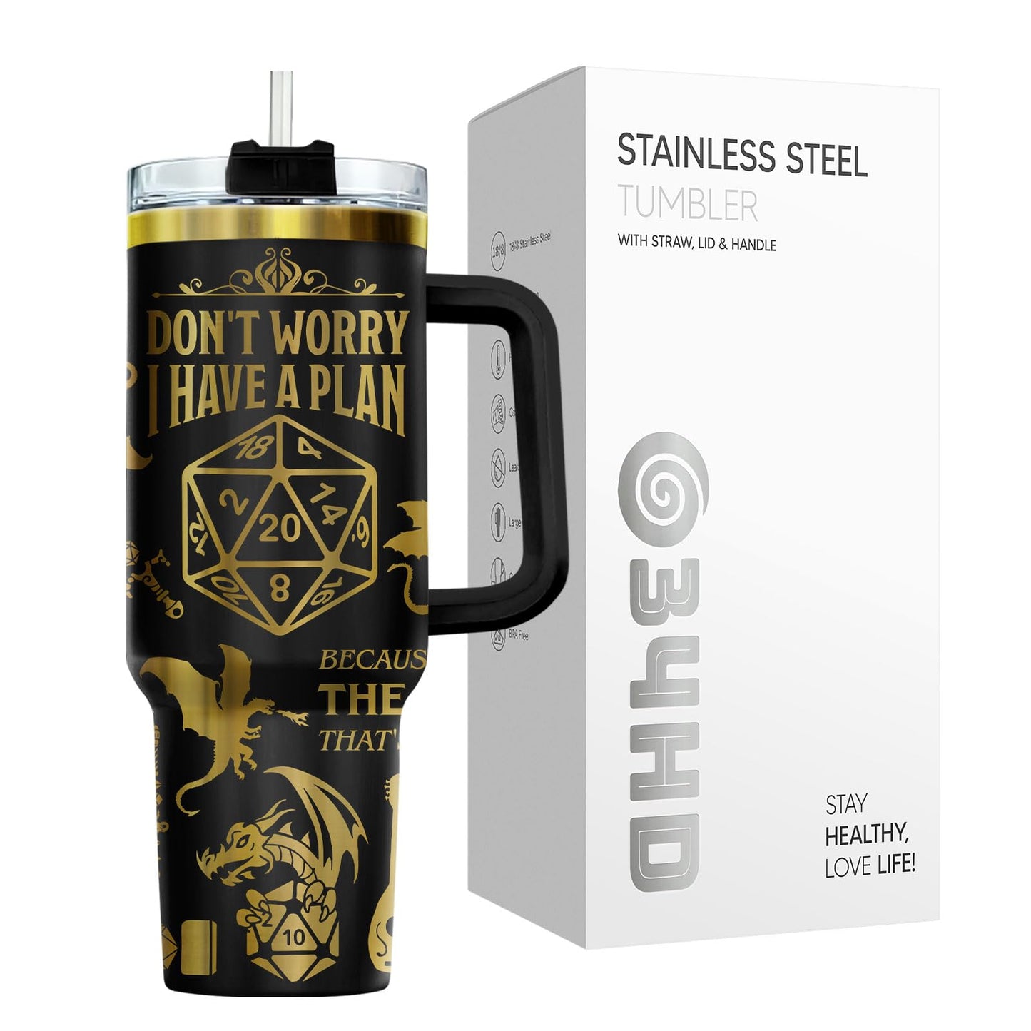 34HD Dungeon Dice Game Tumbler 40oz with Handle and Straw, Master Dragon Laser Engraved Insulated Travel Coffee Cup - Funny Birthday Gifts for Gamers, Friends & BFF