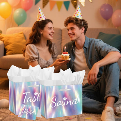 Large 5 Senses Gift Bags For Him Her - Sight Smell Touch Taste Sound Gift Bags with Cards & Tissue Paper for Wedding Favors, Birthday Party Gifts, Birthday, Anniversary, Mother'S Day, Valentine'S Day