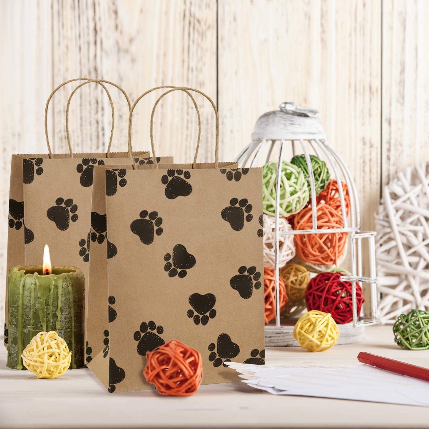 BagDream Brown Gift Bags 8x4.25x10.5 25Pcs Kraft Paper Gift Bags with Handles, Paw Prints Paper Sacks for Animal Party Favor, Retail, Grocery, Dog's Puppy's Paw
