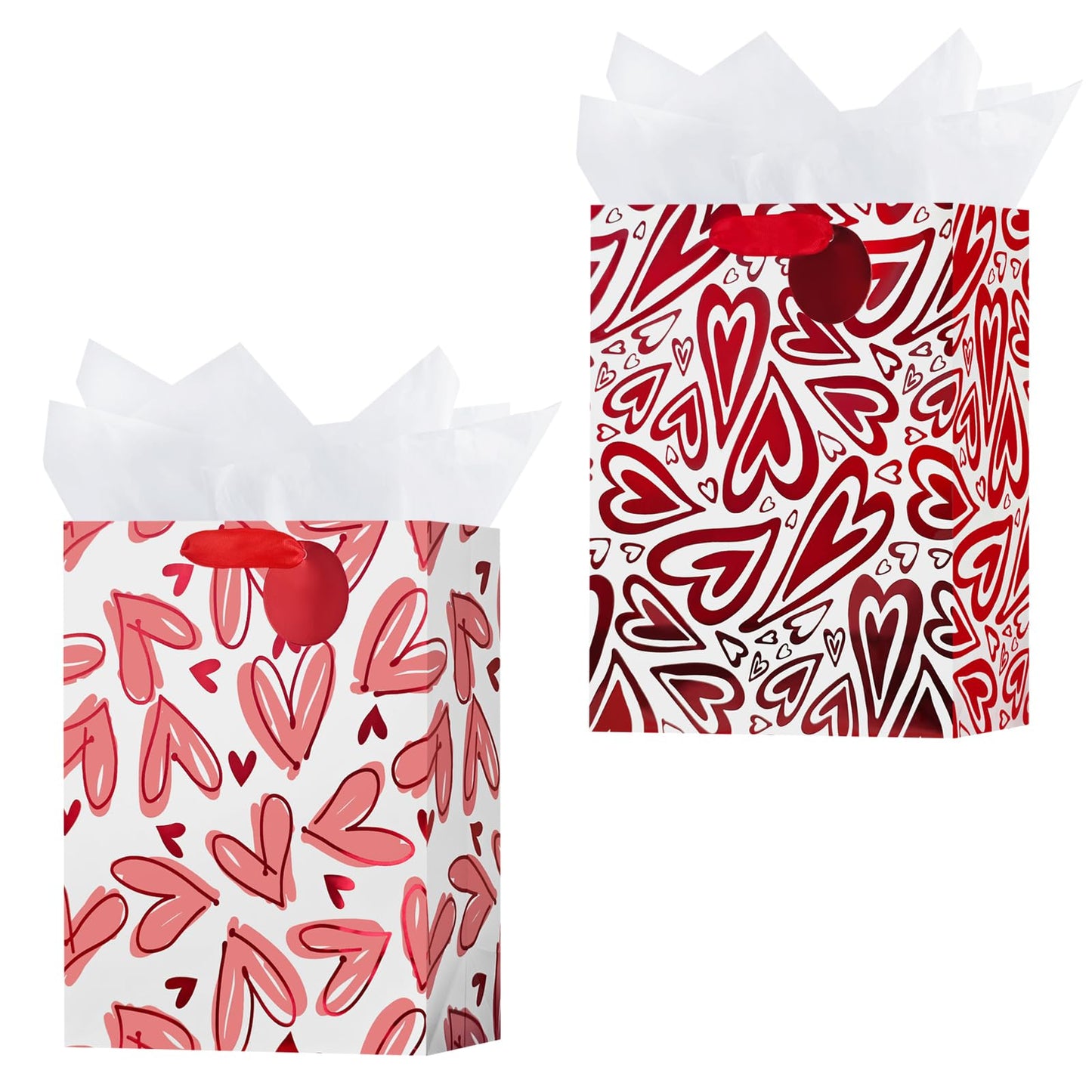 OFIHANLY 2 Pack 12.6" Medium Size Happy Valentine's Day Gift Bags with Handles for Women Her Red Heart Paper Gift Wrap Bags with Tissue Paper for Kids