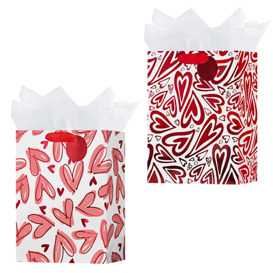 OFIHANLY 2 Pack 12.6" Medium Size Happy Valentine's Day Gift Bags with Handles for Women Her Red Heart Paper Gift Wrap Bags with Tissue Paper for Kids