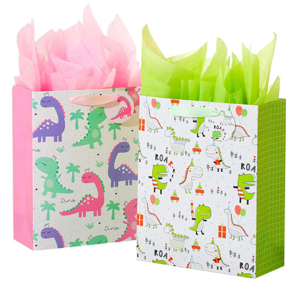 Vammy 13" Large Gift Bag with Tissue Paper, 2 Pack Dinosaur Gift Bags for Birthday Party baby shower (Dinosaurs)