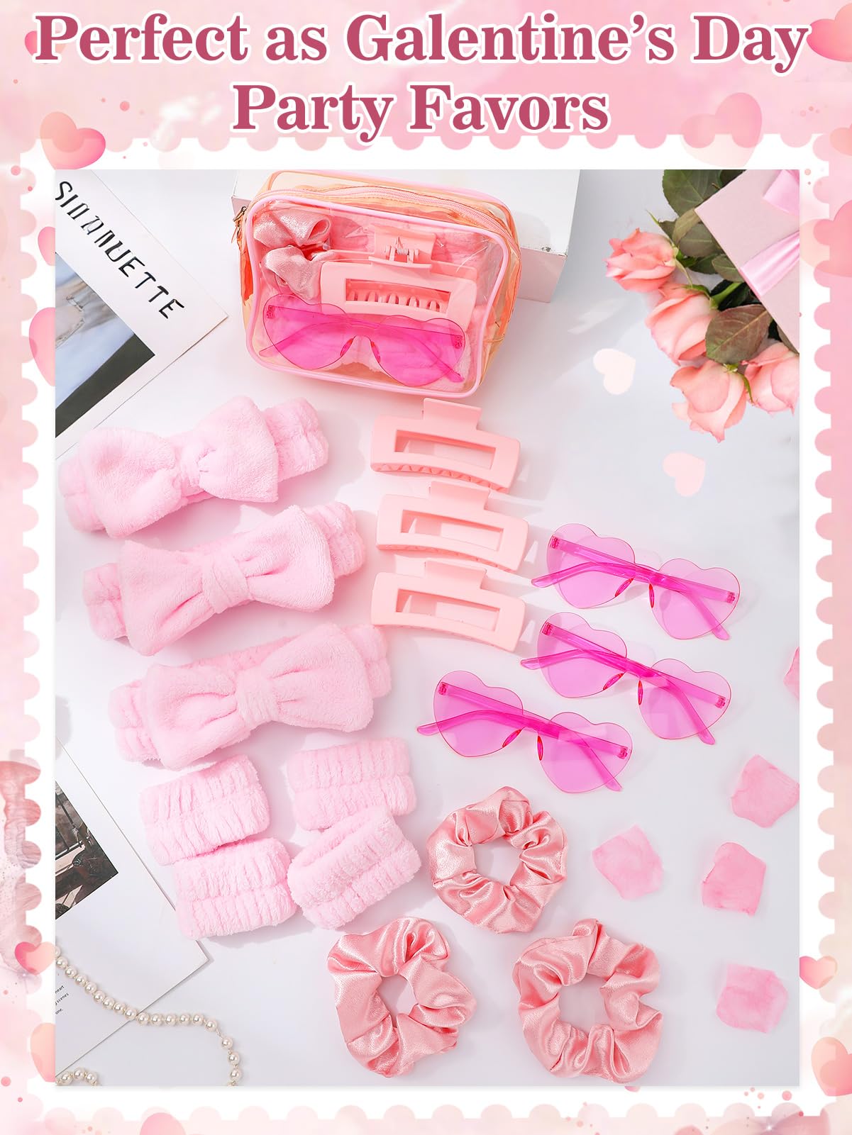 Cosweet 4 Sets Galentine's Day Gift for Women - Pink Spa Party Favors with Headband & Wrist Band, Heart Glasses, Hair Clips, Scrunchies, and Makeup Bag, Friendship Gifts for Valentine's Day
