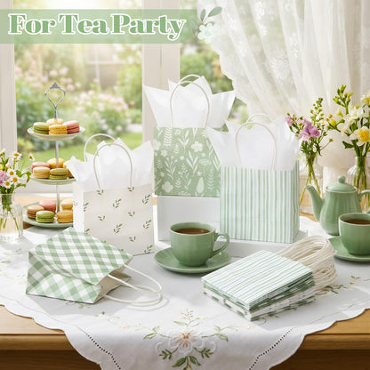 Silkfly 24 Pack Mini Sage Green Gift Bags with Handles & Tissue Paper Small Spring Floral Flower Candy Goodie Bag for Women Baby Shower Tea Party Bridesmaid Birthday Wedding Supplies, 5x5x3 Inch