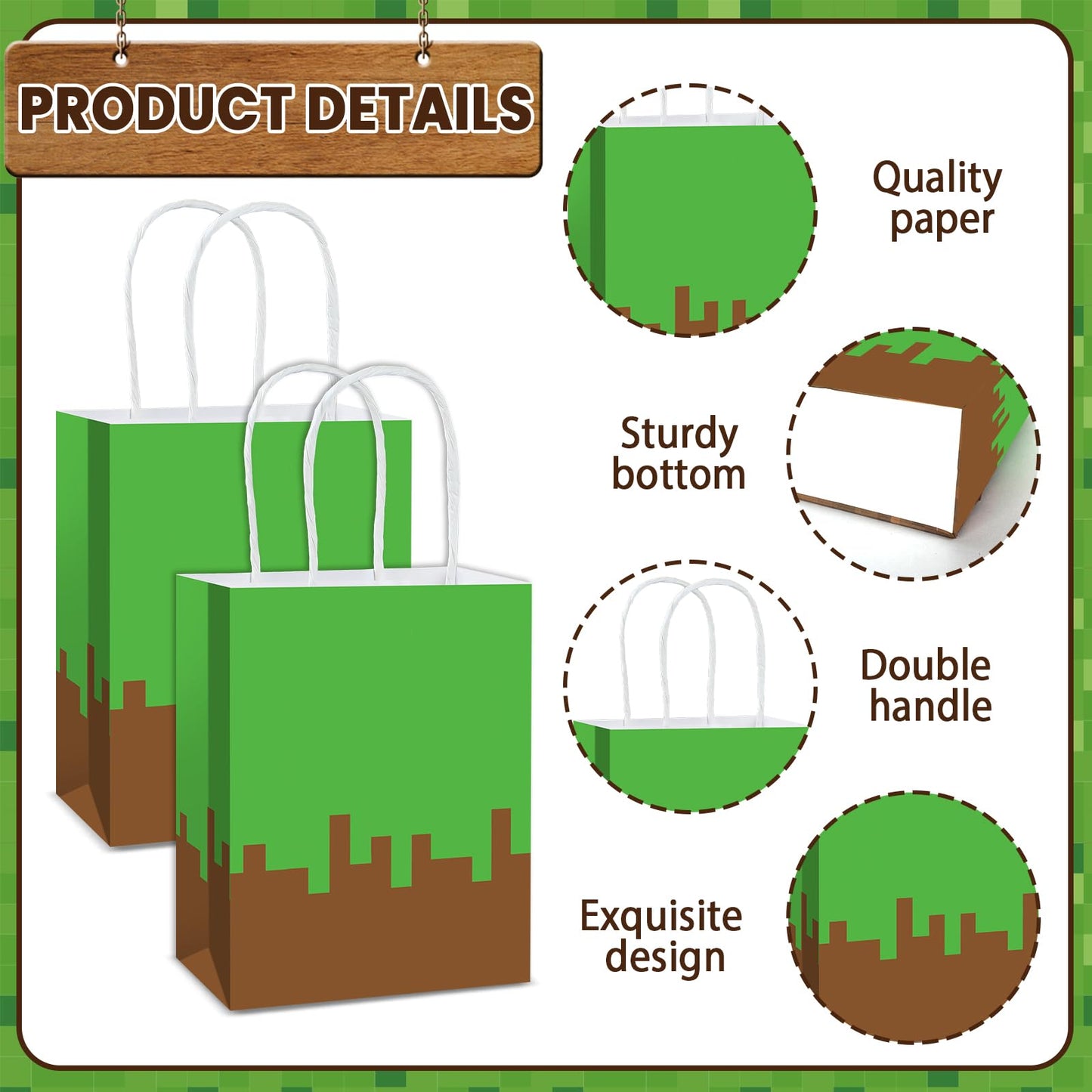 12Pcs Pixel Theme Party Favor Bags Video Game Party Supplies Pixel Paper Gift Mining Theme Goodie Bags with Handle Gamer Birthday Treat Candy Bag for Kids Pixelated Birthday Baby Shower Decoration
