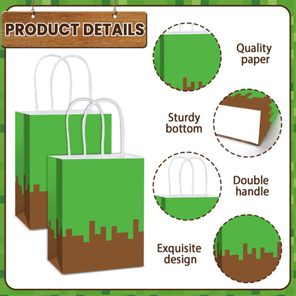 12Pcs Pixel Theme Party Favor Bags Video Game Party Supplies Pixel Paper Gift Mining Theme Goodie Bags with Handle Gamer Birthday Treat Candy Bag for Kids Pixelated Birthday Baby Shower Decoration