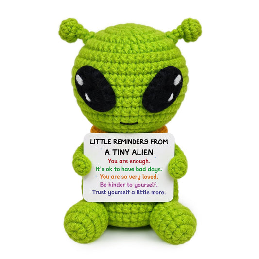 Funny Positive Crochet Alien, Birthday Gifts for Women Men, Cute Gag Handmade Emotional Support Alien Plush Decor, Unique Graduation Inspirational Gifts for Him Her Son Coworker Friend