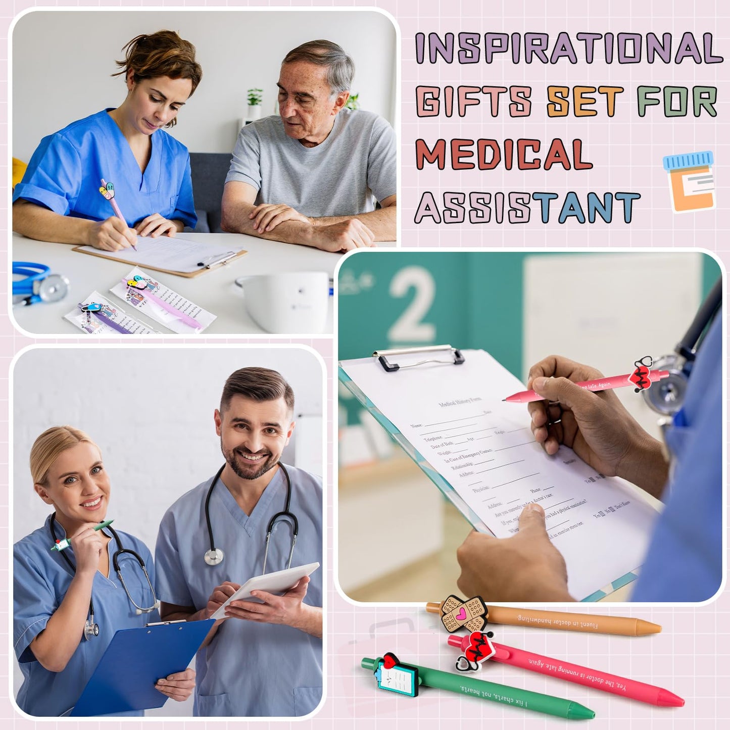 Gersoniel 12 Sets Medical Assistant Gifts Funny Ballpoint Pens with Thank You Cards for Medical Assistant Week Appreciation Party Favors 5 Styles Office Accessories Essentials
