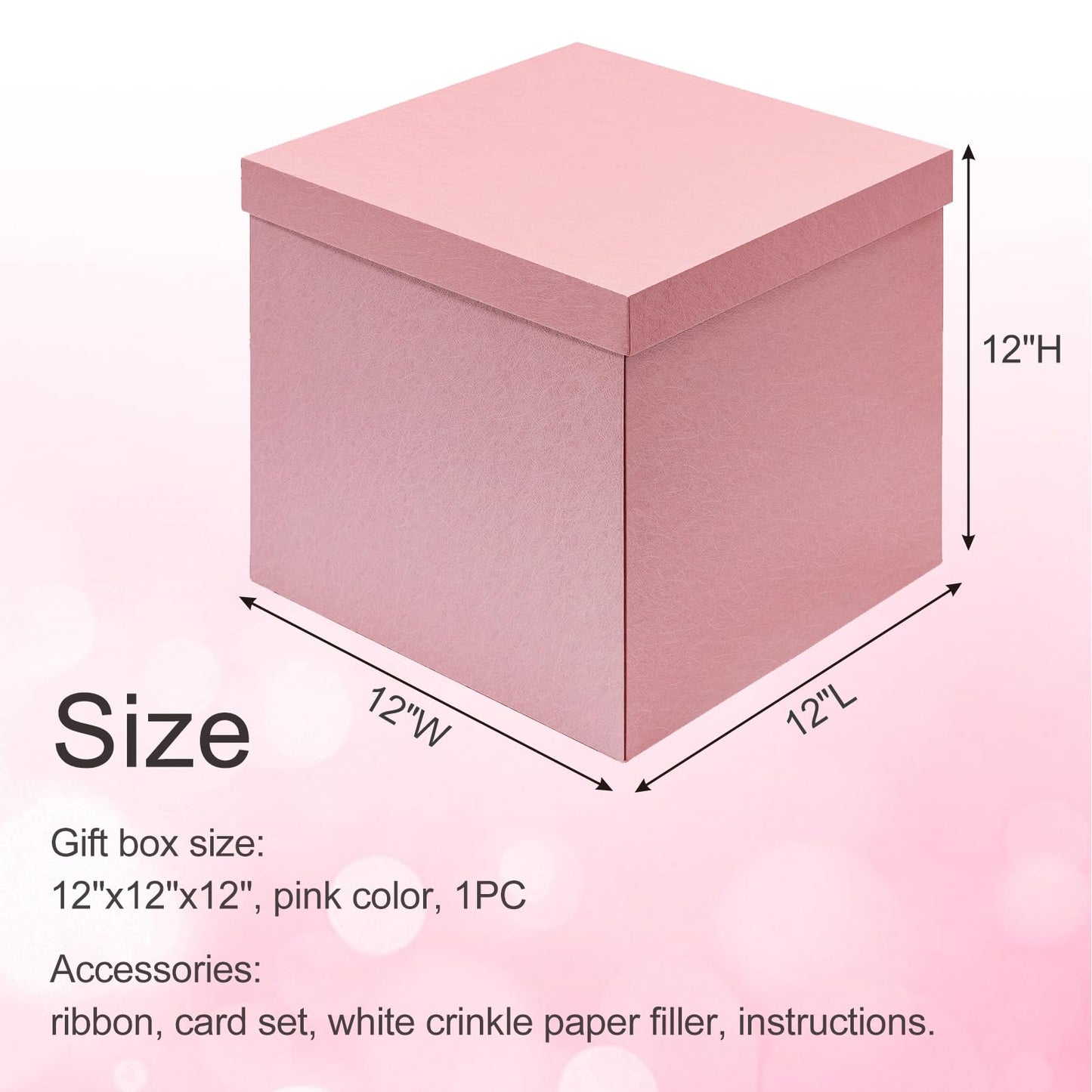 Mefleet Large Gift Box with Lid for Presents 12x12x12 Inches Extra Big Deep Square Pink Boxes 1 Pack for Christmas, Birthday, Valentine's Day, Mother's Day - Contains Crinkle Paper, Ribbon and Card
