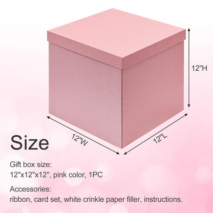 Mefleet Large Gift Box with Lid for Presents 12x12x12 Inches Extra Big Deep Square Pink Boxes 1 Pack for Christmas, Birthday, Valentine's Day, Mother's Day - Contains Crinkle Paper, Ribbon and Card