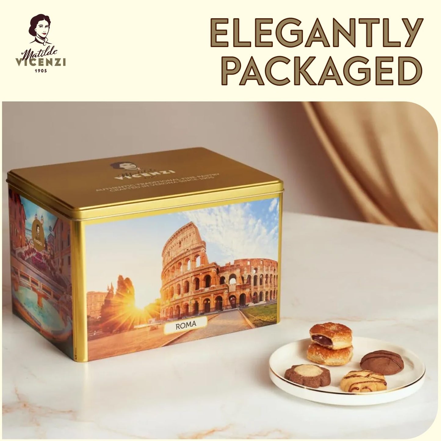 Matilde Vicenzi Roma Cookie Gift Tin - Pastries & Cookies in Individually Wrapped Trays - Gourmet Gifts For Father's Day, Teacher, Birthday - Assorted Cookies in Italian Design Tin 32.5oz (920g)