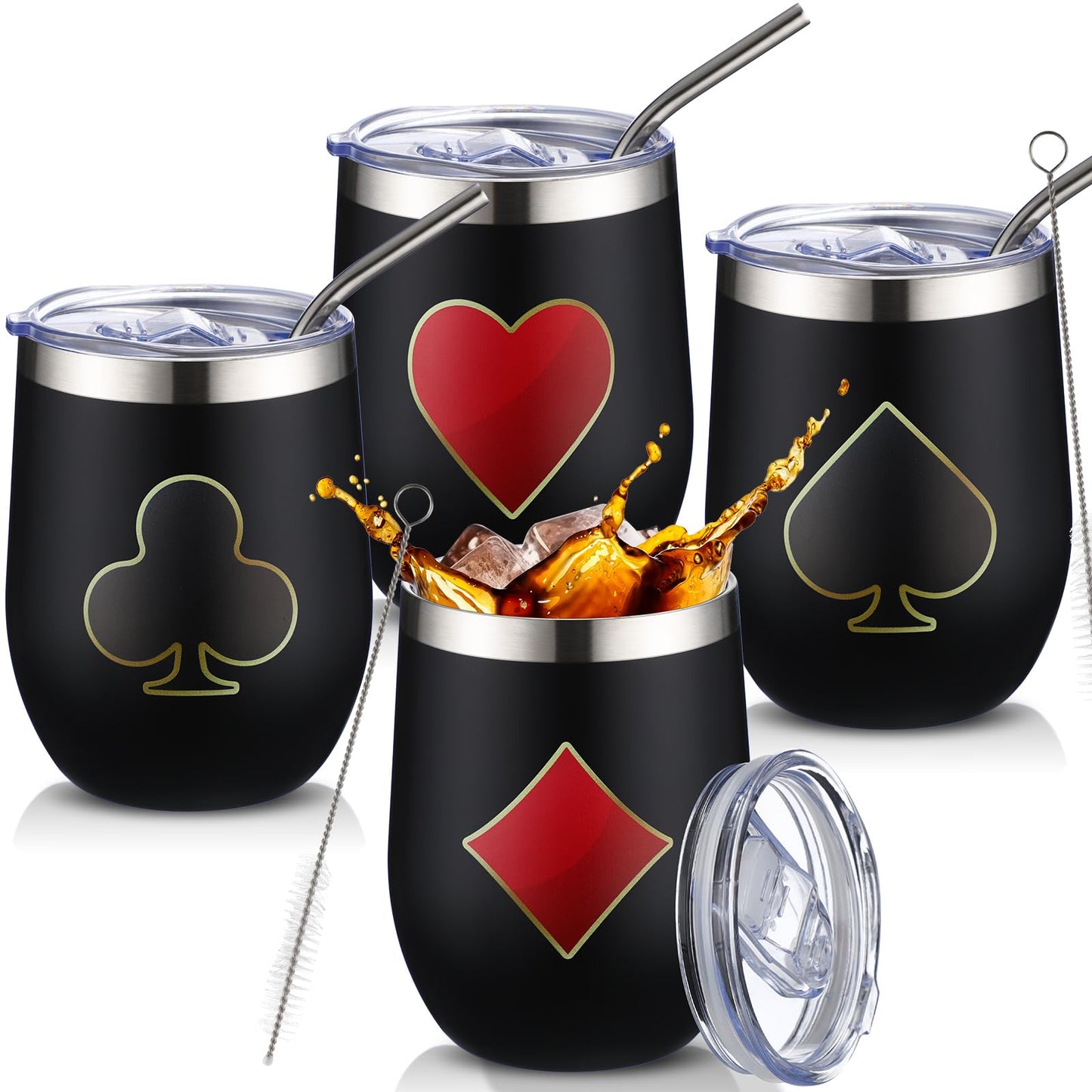 4 Pcs Casino Party Cups Pokers Glasses Stainless Steel Wine Tumblers with Lid and Straw 12 oz Casino Theme Party Decorations Poker Gifts Favors Set for Grad Birthday Game Night(Poker)