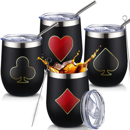 4 Pcs Casino Party Cups Pokers Glasses Stainless Steel Wine Tumblers with Lid and Straw 12 oz Casino Theme Party Decorations Poker Gifts Favors Set for Grad Birthday Game Night(Poker)