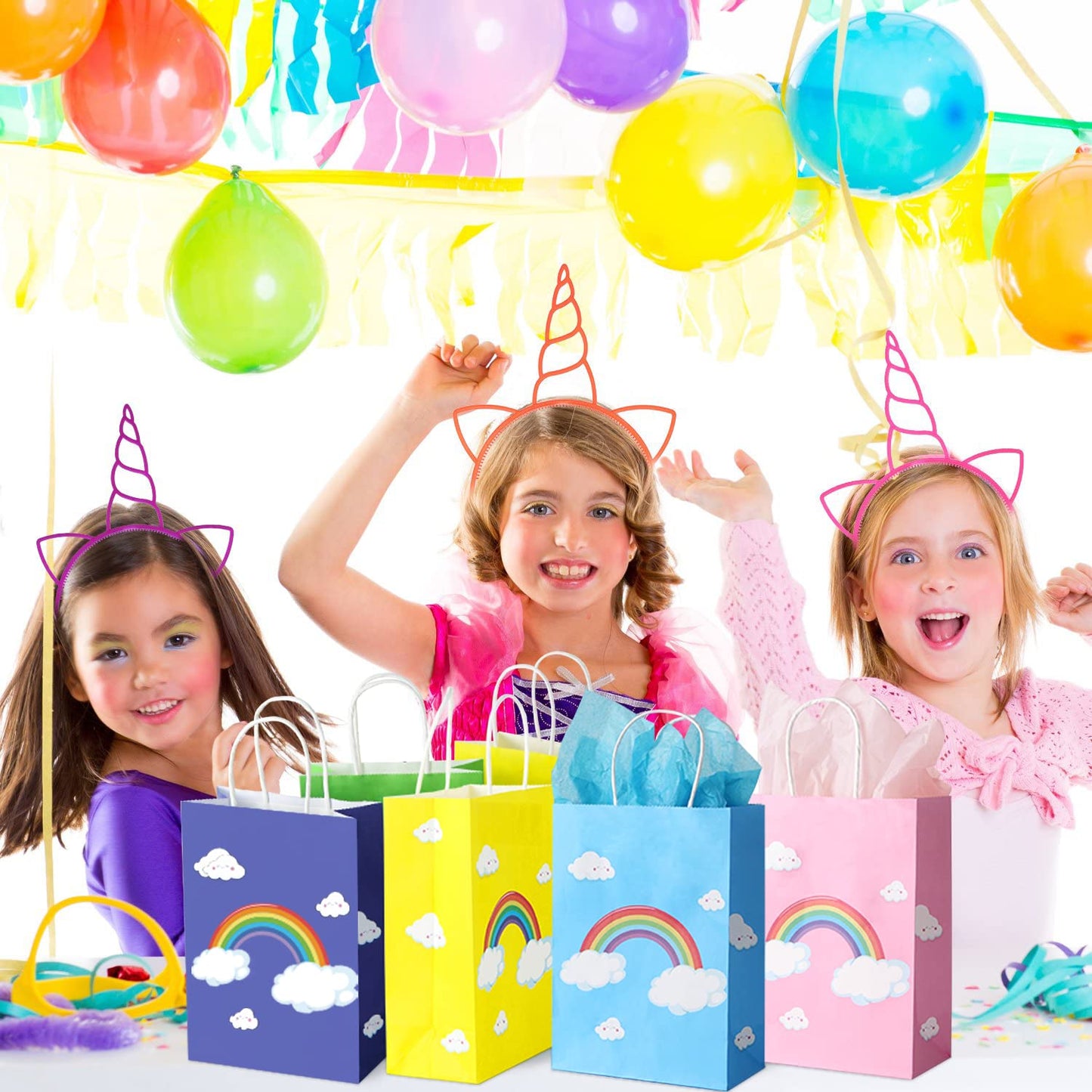 BLEWINDZ 32 Pcs Rainbow Goodie Bags with 32 Tissues - 8.7" Small Gift Bags with Handles for Kids Birthday Party Favors, Baby Showers and Party Supplies