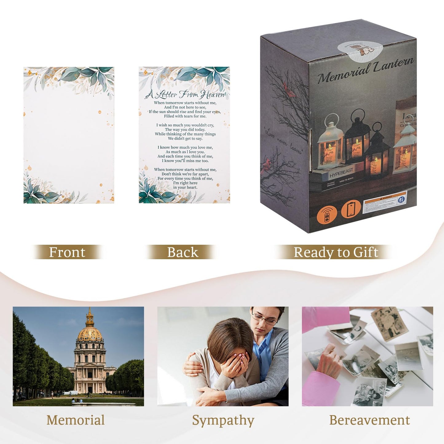 Memorial Lantern with Card - Sympathy Gift for Loss of Mom/Dad/Loved One, Bereavement Keepsake with Flickering Flame, Memory Lamp for Funeral Remembrance or Celebration (Black)