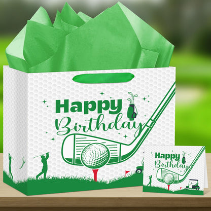 Abilat Large Golf Birthday Gift Bag with Tissue Paper and Greeting Card Reusable Golf Birthday Party Favors Wrapping Bag for Boys Men Sports Themed Party Decoration Supplies
