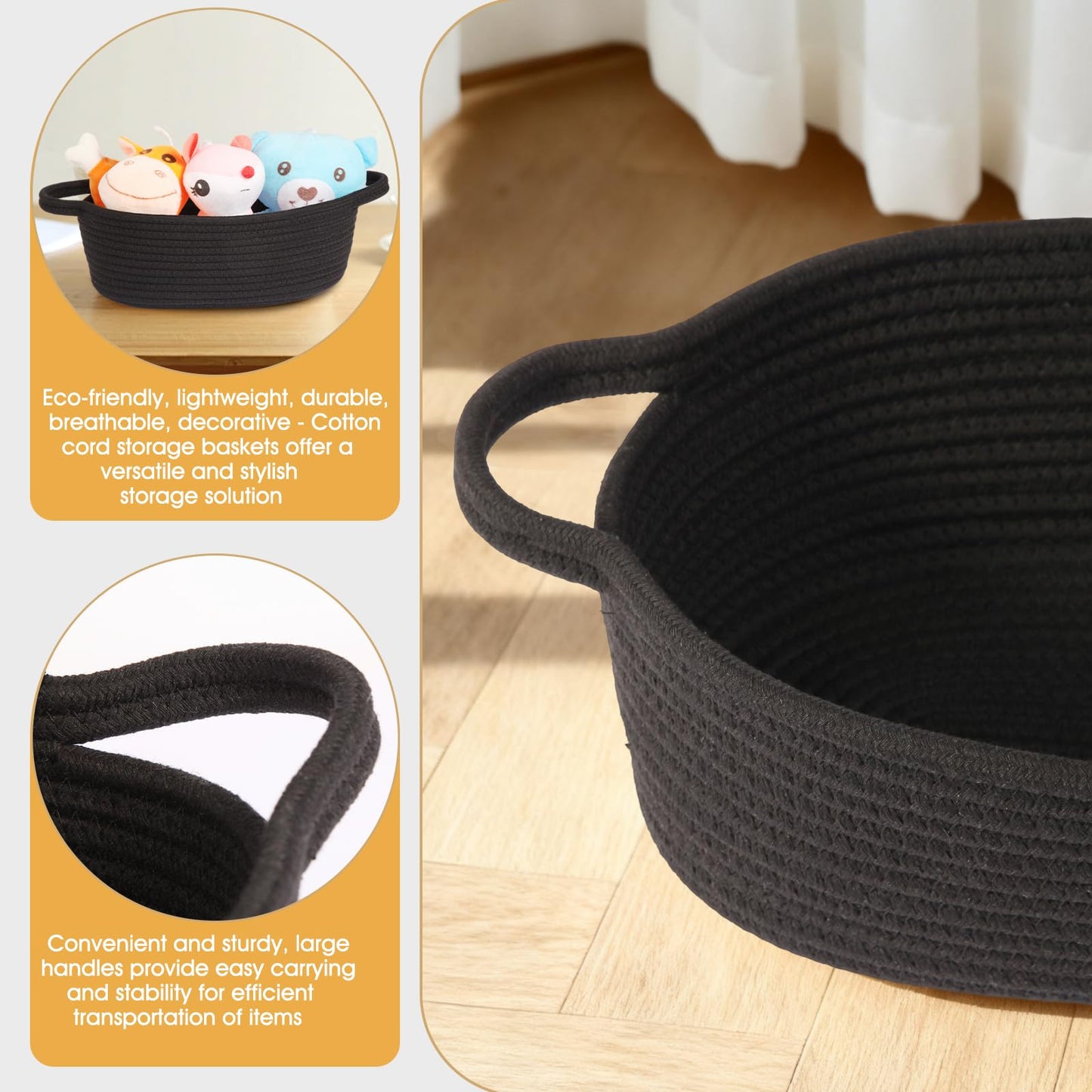 Small Woven Basket with Gift Bags and Ribbons,Cotton Rope Gifts Basket with Handles, Black, Oval Storage Organizer, 12x8x5 inches,Cute baby basket for Toys,nursery