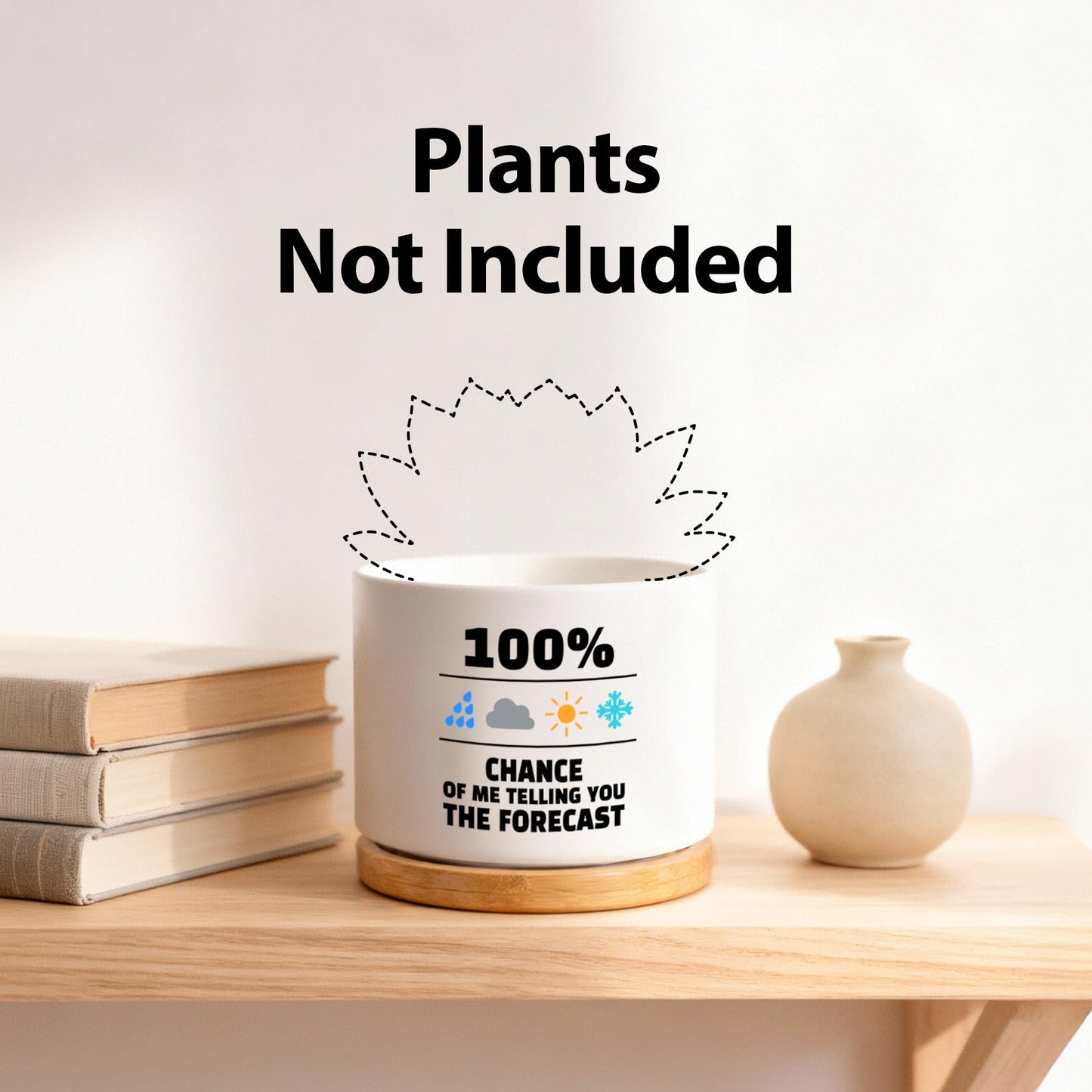 100 Percent Chance of Me Telling You The Forecast Meteorologist Gifts Weatherman Meteorology Weather Ceramic Succulent Plant Pot with Bamboo Tray Home Office Decor 3.5 Inch White (No Plants)