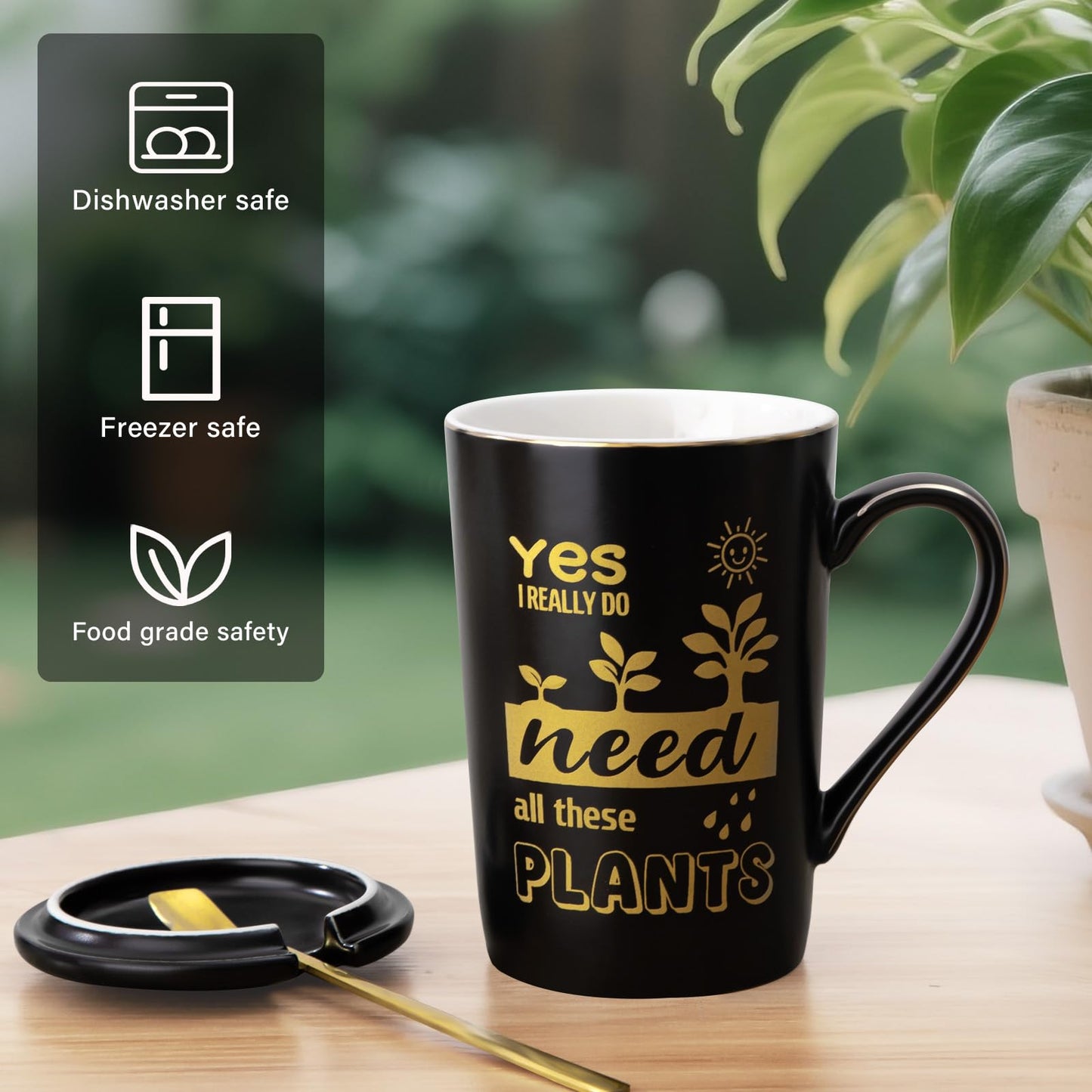 Gardening Gifts for Women Men - Cool Plant Lover Gift Coffee Mug, Garden Gifts for Gardeners, Plant Lady, Mom, Dad, Son, 14oz Black Ceramic Mug with Gold Print, Lid, Spoon Card, Luxury Gift Boxed