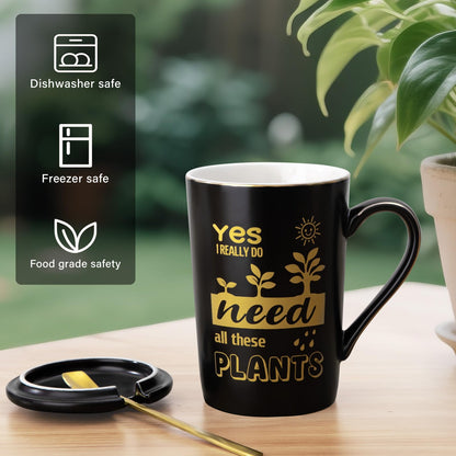 Gardening Gifts for Women Men - Cool Plant Lover Gift Coffee Mug, Garden Gifts for Gardeners, Plant Lady, Mom, Dad, Son, 14oz Black Ceramic Mug with Gold Print, Lid, Spoon Card, Luxury Gift Boxed