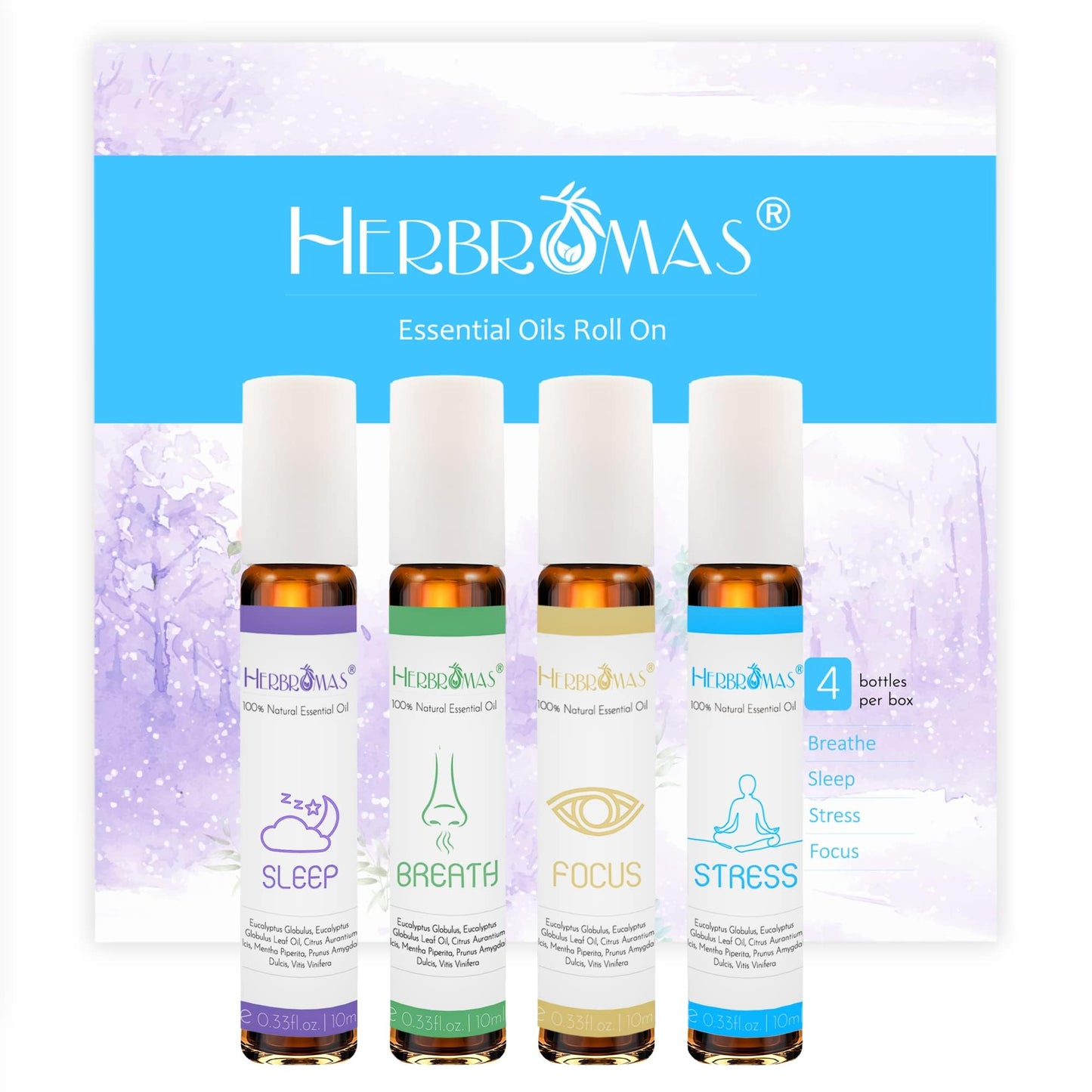 Aromatherapy Oils Roller Set, Natural Pre-diluted Essential Oils Roll On with Glass Rollerball, Relaxation Gift for Women & Men, Christmas Gift, Pack 4 x 0.33fl.oz