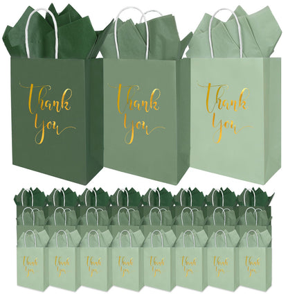 Whaline 30Pcs Sage Green Thank You Paper Gift Bags 6.3 x 3.1 x 8.7 inch 3 Colors Gold Foil Thank You Party Favor Bag with Handle 40 Sheet Tissue Paper for Wedding Birthday One Lucky Duck Gift Wrapping