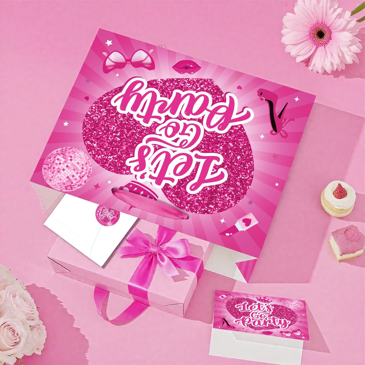Allparty 11.8” Hot Pink Gift Bag, Let’s Go Party Design with Wrapping Paper, Card, Envelope & Sticker for Girls Birthday, Bridal Shower, Bachelorette Party Supplies