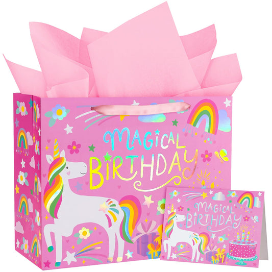 WRAPAHOLIC 13" Large Unicorn Birthday Gift Bag with Card and Tissue Paper - Rainbow Foil Unicorn Paper Bags for Baby Girl Shower and Birthday