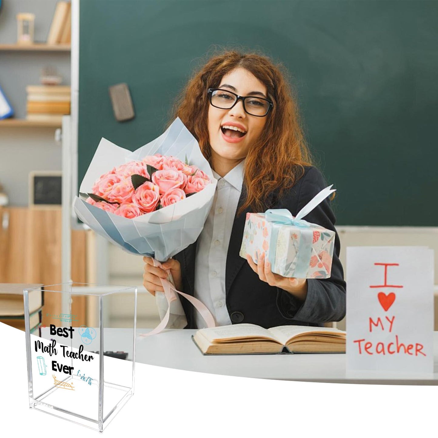 Math Teacher Appreciation Gifts Thank You Acrylic Pencil Bookmark Holder Pen Cup Math Teacher Gifts Mothers Day Teachers Day Christmas Birthday End of Year Gift Back to School Office Desk Organizer