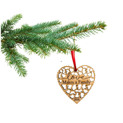 2026 Adoption Ornament in Laser Cut Wood - Love Makes A Family - Gotcha Day Gift, Great for Family or Blended Ideas, Comes in a Gift Box