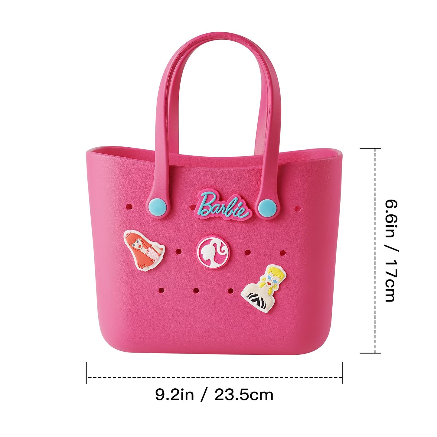 MINISO Barbie Tote Bag, Reusable Small Rubber Waterproof Bag, Cute Design Practical And Portable Handbag for Work Travel (ROSE)