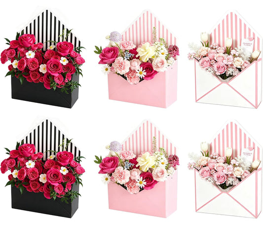 FYSUIMU 6Pcs Mother's Day Floral Envelope Box Empty Flower Stripe Paper Box Florist Bouquet Packaging Box for Valentine's Day Wedding Birthday Party Arrangements, Black White Pink