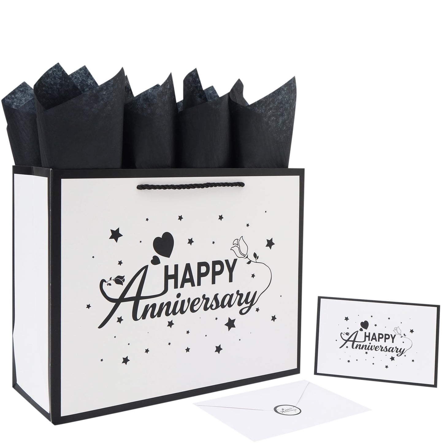 Qirrmiy 13'' Large Anniversary Design Gift Bag Set with Handles, Greeting Card, Black Tissue Papers and Stickers for Women Men Husband Wife Boyfriend Girlfriend or Romantic, Anniversary Design, 1 Pcs