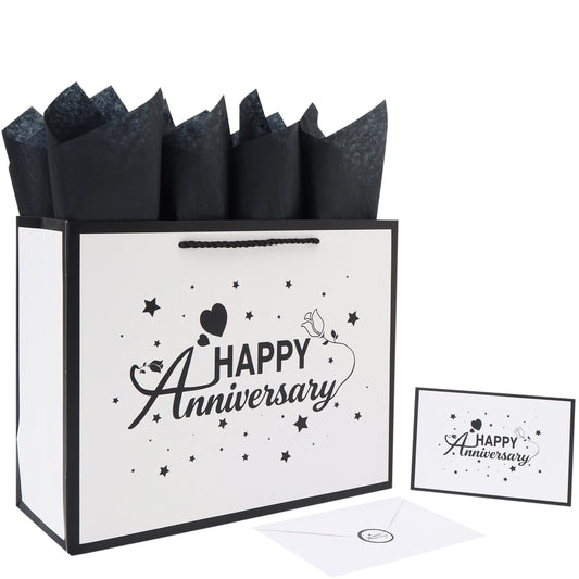 Qirrmiy 13'' Large Anniversary Design Gift Bag Set with Handles, Greeting Card, Black Tissue Papers and Stickers for Women Men Husband Wife Boyfriend Girlfriend or Romantic, Anniversary Design, 1 Pcs