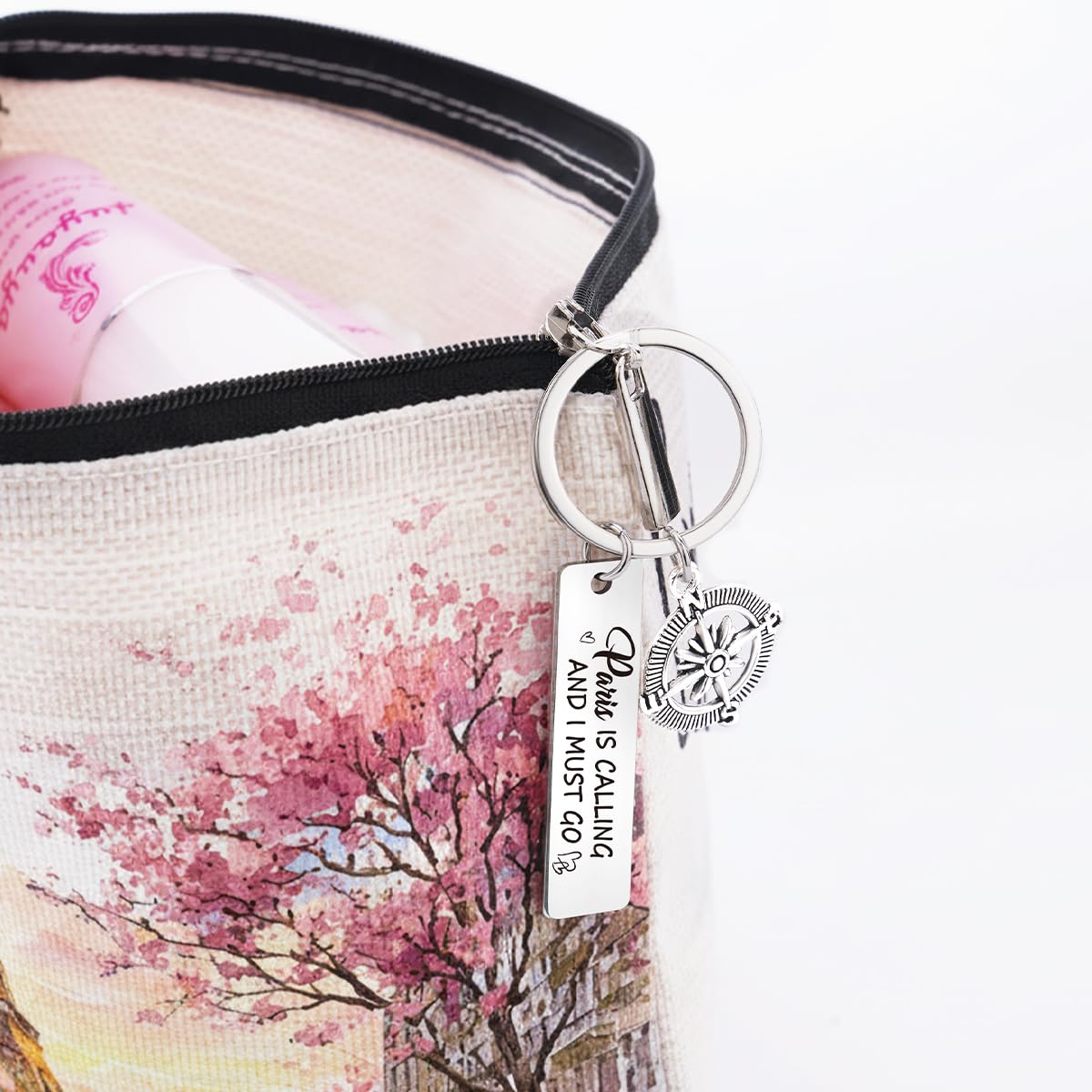 Paris Makeup Bag Gifts for Women, Paris Souvenirs from France, Traval Themed Gifts Set Cosmetic Bag with Bracelet and Keychain, Travel Organizer Toiletry Pouch for Mom Wife Sister Friends