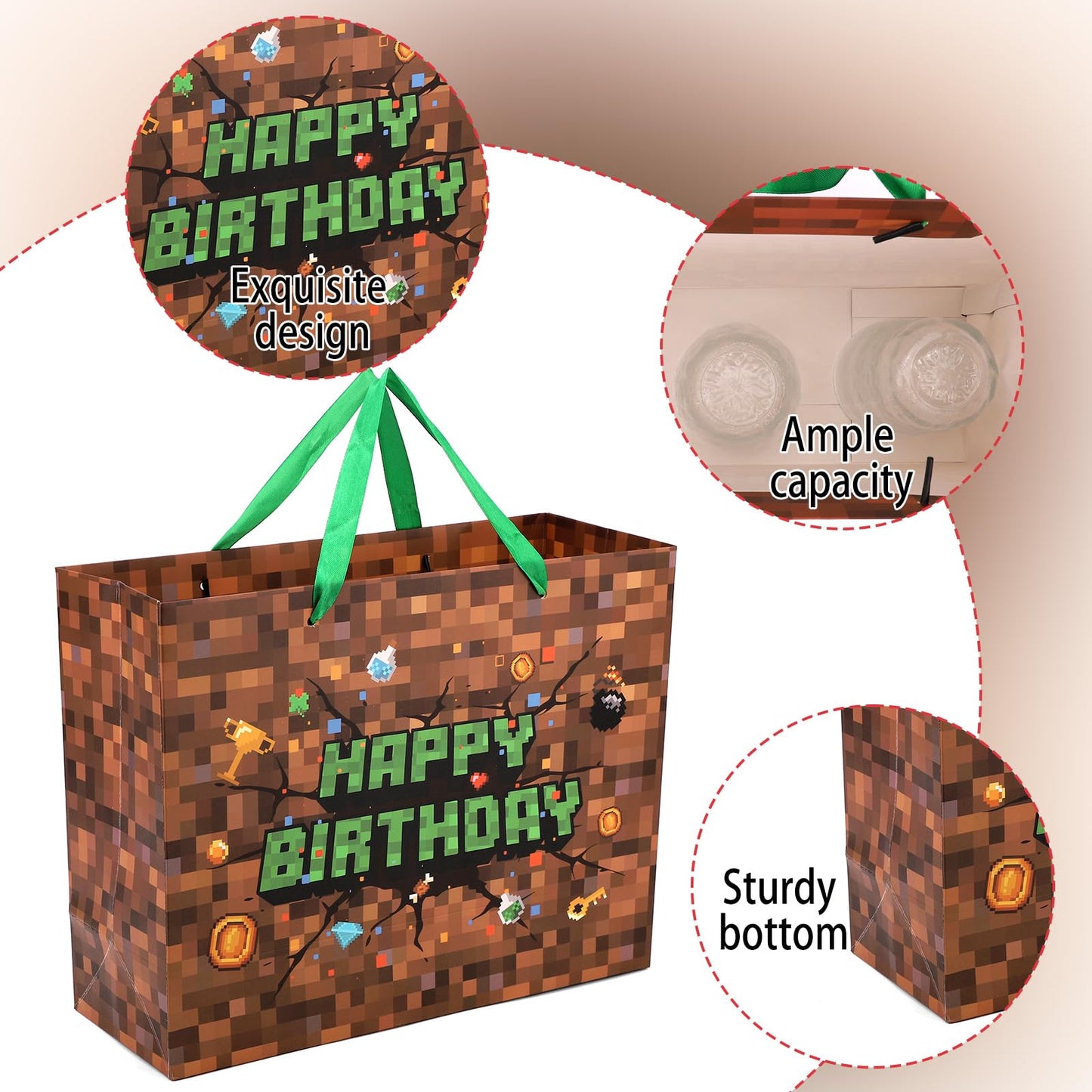 Pixel Birthday Gift Bag, Video Game Theme Party Favor Bag with Greeting Card & Envelope for Birthday Holiday Decoration Party Supplies